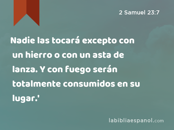 Nadie las tocará excepto con un hierro o con un asta de lanza. Y con fuego serán totalmente consumidos en su lugar.' - 2 Samuel 23:7