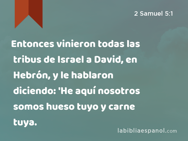 Entonces vinieron todas las tribus de Israel a David, en Hebrón, y le hablaron diciendo: 'He aquí nosotros somos hueso tuyo y carne tuya. - 2 Samuel 5:1