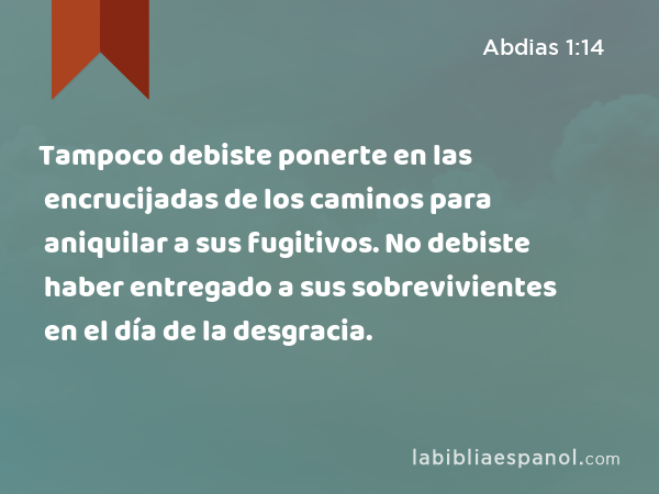 Tampoco debiste ponerte en las encrucijadas de los caminos para aniquilar a sus fugitivos. No debiste haber entregado a sus sobrevivientes en el día de la desgracia. - Abdias 1:14