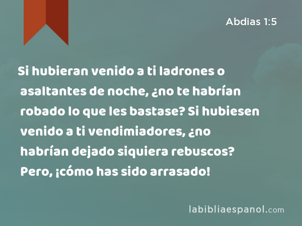 Si hubieran venido a ti ladrones o asaltantes de noche, ¿no te habrían robado lo que les bastase? Si hubiesen venido a ti vendimiadores, ¿no habrían dejado siquiera rebuscos? Pero, ¡cómo has sido arrasado! - Abdias 1:5