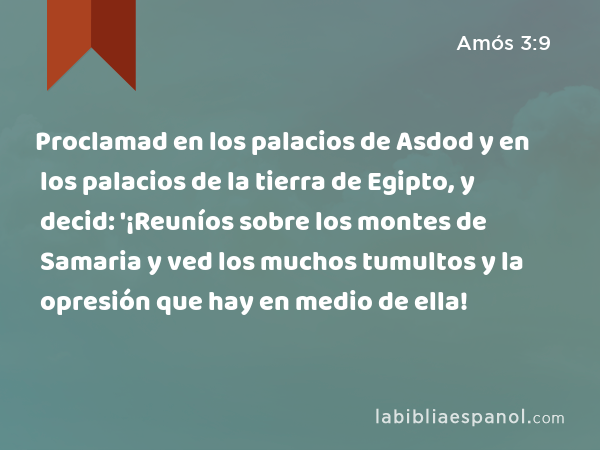 Proclamad en los palacios de Asdod y en los palacios de la tierra de Egipto, y decid: '¡Reuníos sobre los montes de Samaria y ved los muchos tumultos y la opresión que hay en medio de ella! - Amós 3:9