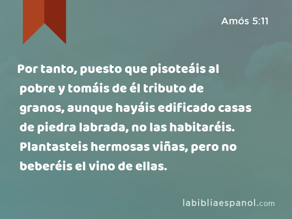 Por tanto, puesto que pisoteáis al pobre y tomáis de él tributo de granos, aunque hayáis edificado casas de piedra labrada, no las habitaréis. Plantasteis hermosas viñas, pero no beberéis el vino de ellas. - Amós 5:11