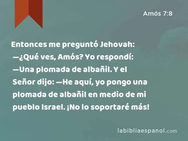 Entonces me preguntó Jehovah: —¿Qué ves, Amós? Yo respondí: —Una plomada de albañil. Y el Señor dijo: —He aquí, yo pongo una plomada de albañil en medio de mi pueblo Israel. ¡No lo soportaré más! - Amós 7:8