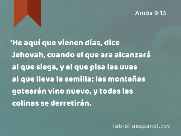 'He aquí que vienen días, dice Jehovah, cuando el que ara alcanzará al que siega, y el que pisa las uvas al que lleva la semilla; las montañas gotearán vino nuevo, y todas las colinas se derretirán. - Amós 9:13