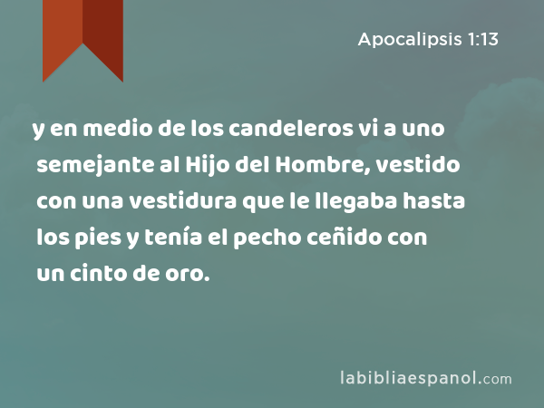 y en medio de los candeleros vi a uno semejante al Hijo del Hombre, vestido con una vestidura que le llegaba hasta los pies y tenía el pecho ceñido con un cinto de oro. - Apocalipsis 1:13