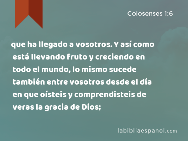 que ha llegado a vosotros. Y así como está llevando fruto y creciendo en todo el mundo, lo mismo sucede también entre vosotros desde el día en que oísteis y comprendisteis de veras la gracia de Dios; - Colosenses 1:6