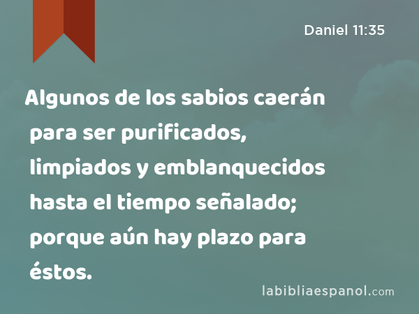 Algunos de los sabios caerán para ser purificados, limpiados y emblanquecidos hasta el tiempo señalado; porque aún hay plazo para éstos. - Daniel 11:35