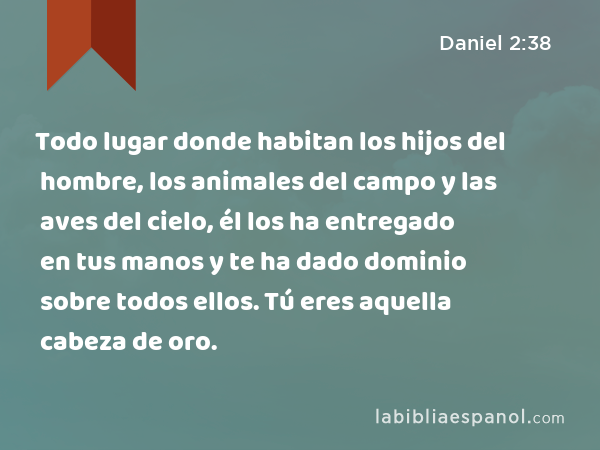 Todo lugar donde habitan los hijos del hombre, los animales del campo y las aves del cielo, él los ha entregado en tus manos y te ha dado dominio sobre todos ellos. Tú eres aquella cabeza de oro. - Daniel 2:38