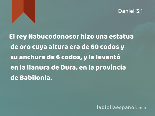 El rey Nabucodonosor hizo una estatua de oro cuya altura era de 60 codos y su anchura de 6 codos, y la levantó en la llanura de Dura, en la provincia de Babilonia. - Daniel 3:1