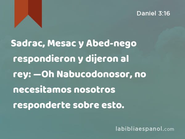 Sadrac, Mesac y Abed-nego respondieron y dijeron al rey: —Oh Nabucodonosor, no necesitamos nosotros responderte sobre esto. - Daniel 3:16