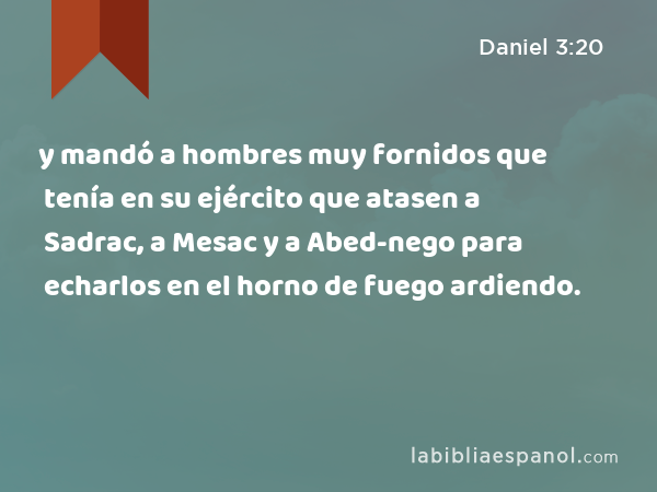 y mandó a hombres muy fornidos que tenía en su ejército que atasen a Sadrac, a Mesac y a Abed-nego para echarlos en el horno de fuego ardiendo. - Daniel 3:20