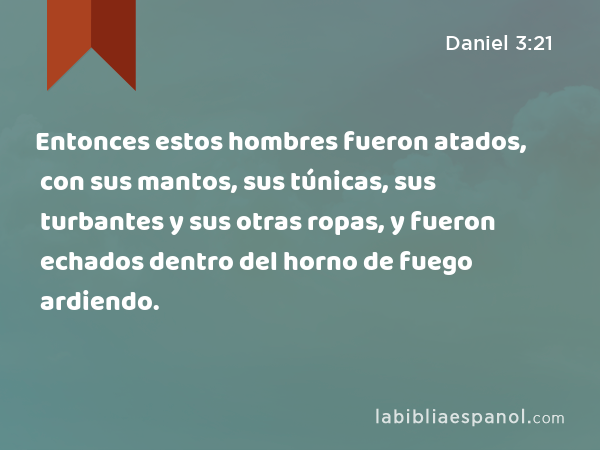 Entonces estos hombres fueron atados, con sus mantos, sus túnicas, sus turbantes y sus otras ropas, y fueron echados dentro del horno de fuego ardiendo. - Daniel 3:21