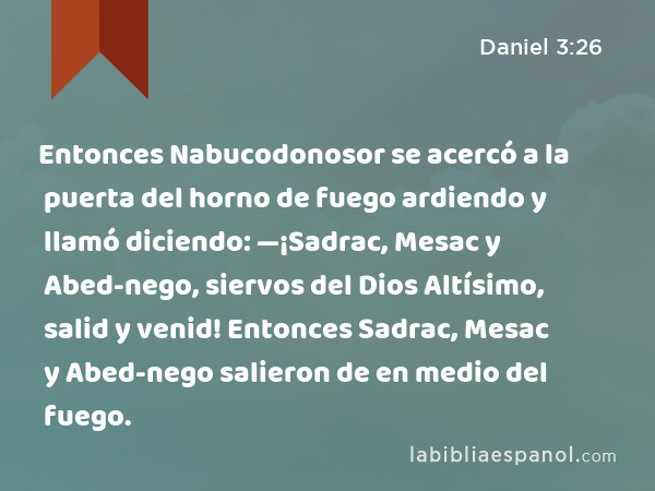 Entonces Nabucodonosor se acercó a la puerta del horno de fuego ardiendo y llamó diciendo: —¡Sadrac, Mesac y Abed-nego, siervos del Dios Altísimo, salid y venid! Entonces Sadrac, Mesac y Abed-nego salieron de en medio del fuego. - Daniel 3:26