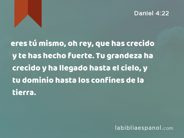 eres tú mismo, oh rey, que has crecido y te has hecho fuerte. Tu grandeza ha crecido y ha llegado hasta el cielo, y tu dominio hasta los confines de la tierra. - Daniel 4:22