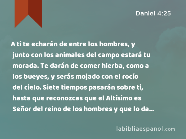 A ti te echarán de entre los hombres, y junto con los animales del campo estará tu morada. Te darán de comer hierba, como a los bueyes, y serás mojado con el rocío del cielo. Siete tiempos pasarán sobre ti, hasta que reconozcas que el Altísimo es Señor del reino de los hombres y que lo da a quien quiere. - Daniel 4:25