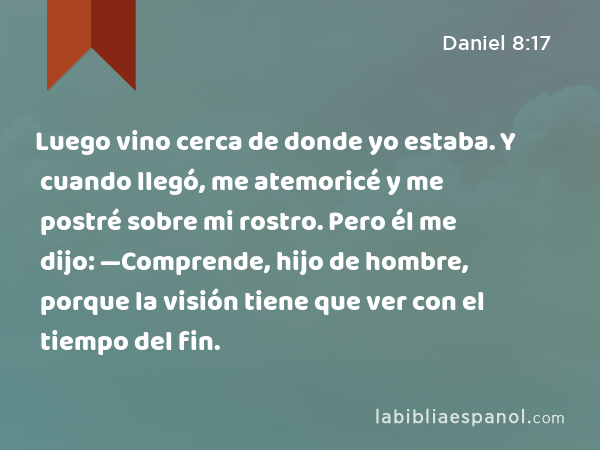 Luego vino cerca de donde yo estaba. Y cuando llegó, me atemoricé y me postré sobre mi rostro. Pero él me dijo: —Comprende, hijo de hombre, porque la visión tiene que ver con el tiempo del fin. - Daniel 8:17