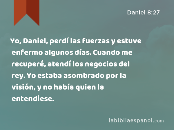 Yo, Daniel, perdí las fuerzas y estuve enfermo algunos días. Cuando me recuperé, atendí los negocios del rey. Yo estaba asombrado por la visión, y no había quien la entendiese. - Daniel 8:27