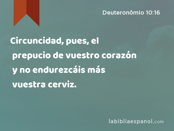 Circuncidad, pues, el prepucio de vuestro corazón y no endurezcáis más vuestra cerviz. - Deuteronômio 10:16