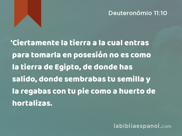 'Ciertamente la tierra a la cual entras para tomarla en posesión no es como la tierra de Egipto, de donde has salido, donde sembrabas tu semilla y la regabas con tu pie como a huerto de hortalizas. - Deuteronômio 11:10