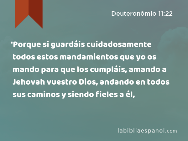 'Porque si guardáis cuidadosamente todos estos mandamientos que yo os mando para que los cumpláis, amando a Jehovah vuestro Dios, andando en todos sus caminos y siendo fieles a él, - Deuteronômio 11:22