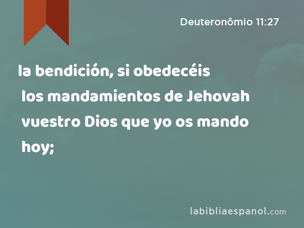 la bendición, si obedecéis los mandamientos de Jehovah vuestro Dios que yo os mando hoy; - Deuteronômio 11:27