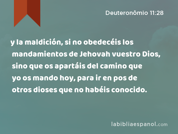 y la maldición, si no obedecéis los mandamientos de Jehovah vuestro Dios, sino que os apartáis del camino que yo os mando hoy, para ir en pos de otros dioses que no habéis conocido. - Deuteronômio 11:28