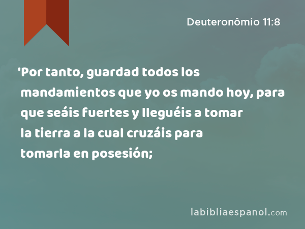 'Por tanto, guardad todos los mandamientos que yo os mando hoy, para que seáis fuertes y lleguéis a tomar la tierra a la cual cruzáis para tomarla en posesión; - Deuteronômio 11:8