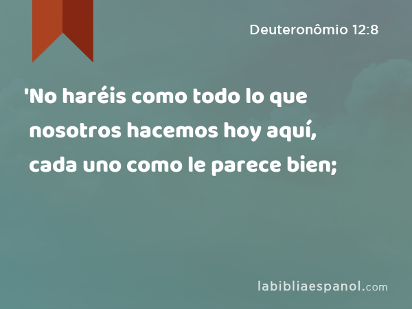 'No haréis como todo lo que nosotros hacemos hoy aquí, cada uno como le parece bien; - Deuteronômio 12:8