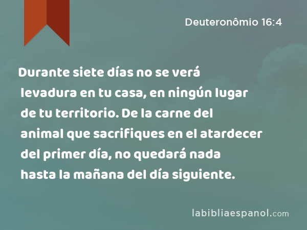 Durante siete días no se verá levadura en tu casa, en ningún lugar de tu territorio. De la carne del animal que sacrifiques en el atardecer del primer día, no quedará nada hasta la mañana del día siguiente. - Deuteronômio 16:4