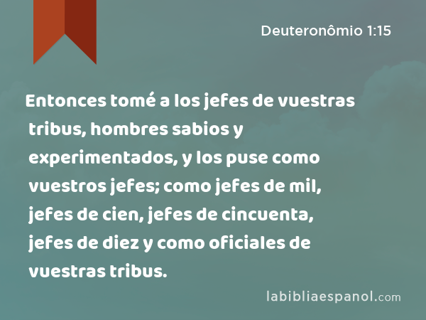 Entonces tomé a los jefes de vuestras tribus, hombres sabios y experimentados, y los puse como vuestros jefes; como jefes de mil, jefes de cien, jefes de cincuenta, jefes de diez y como oficiales de vuestras tribus. - Deuteronômio 1:15