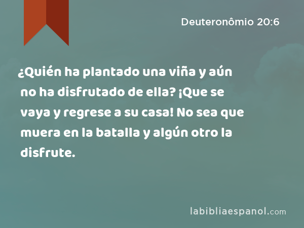 ¿Quién ha plantado una viña y aún no ha disfrutado de ella? ¡Que se vaya y regrese a su casa! No sea que muera en la batalla y algún otro la disfrute. - Deuteronômio 20:6