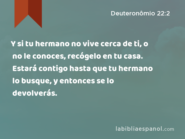 Y si tu hermano no vive cerca de ti, o no le conoces, recógelo en tu casa. Estará contigo hasta que tu hermano lo busque, y entonces se lo devolverás. - Deuteronômio 22:2