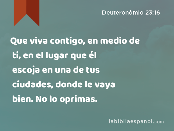 Que viva contigo, en medio de ti, en el lugar que él escoja en una de tus ciudades, donde le vaya bien. No lo oprimas. - Deuteronômio 23:16