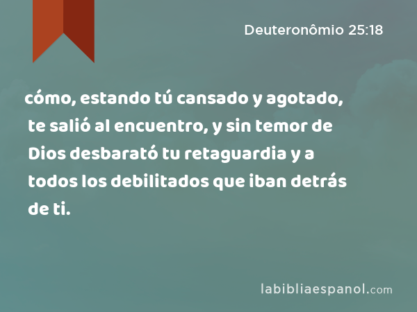 cómo, estando tú cansado y agotado, te salió al encuentro, y sin temor de Dios desbarató tu retaguardia y a todos los debilitados que iban detrás de ti. - Deuteronômio 25:18