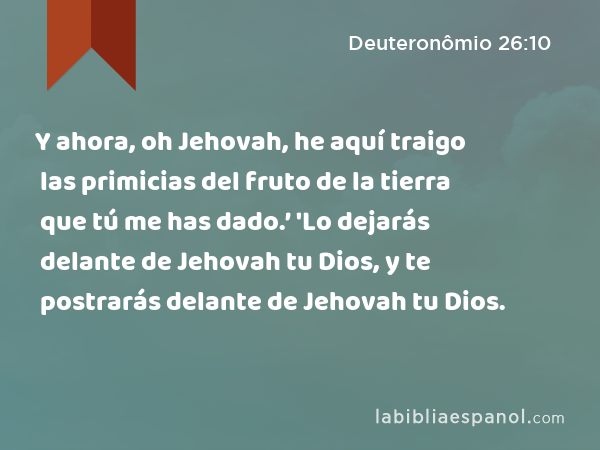 Y ahora, oh Jehovah, he aquí traigo las primicias del fruto de la tierra que tú me has dado.’ 'Lo dejarás delante de Jehovah tu Dios, y te postrarás delante de Jehovah tu Dios. - Deuteronômio 26:10