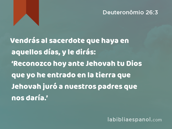 Vendrás al sacerdote que haya en aquellos días, y le dirás: ‘Reconozco hoy ante Jehovah tu Dios que yo he entrado en la tierra que Jehovah juró a nuestros padres que nos daría.’ - Deuteronômio 26:3