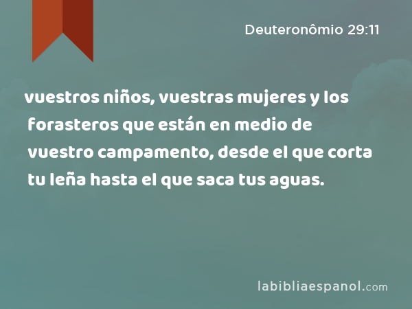 vuestros niños, vuestras mujeres y los forasteros que están en medio de vuestro campamento, desde el que corta tu leña hasta el que saca tus aguas. - Deuteronômio 29:11