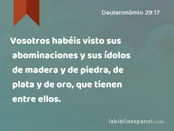 Vosotros habéis visto sus abominaciones y sus ídolos de madera y de piedra, de plata y de oro, que tienen entre ellos. - Deuteronômio 29:17