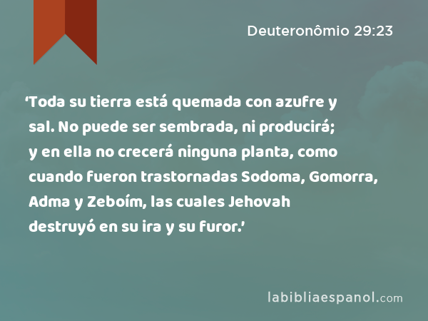 ‘Toda su tierra está quemada con azufre y sal. No puede ser sembrada, ni producirá; y en ella no crecerá ninguna planta, como cuando fueron trastornadas Sodoma, Gomorra, Adma y Zeboím, las cuales Jehovah destruyó en su ira y su furor.’ - Deuteronômio 29:23