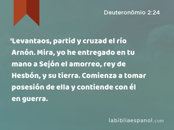 ‘Levantaos, partid y cruzad el río Arnón. Mira, yo he entregado en tu mano a Sejón el amorreo, rey de Hesbón, y su tierra. Comienza a tomar posesión de ella y contiende con él en guerra. - Deuteronômio 2:24