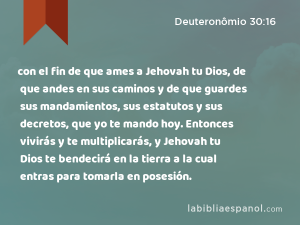 con el fin de que ames a Jehovah tu Dios, de que andes en sus caminos y de que guardes sus mandamientos, sus estatutos y sus decretos, que yo te mando hoy. Entonces vivirás y te multiplicarás, y Jehovah tu Dios te bendecirá en la tierra a la cual entras para tomarla en posesión. - Deuteronômio 30:16