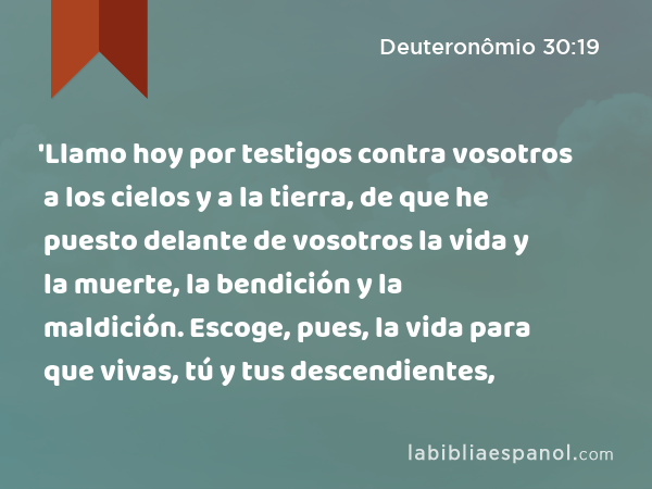 'Llamo hoy por testigos contra vosotros a los cielos y a la tierra, de que he puesto delante de vosotros la vida y la muerte, la bendición y la maldición. Escoge, pues, la vida para que vivas, tú y tus descendientes, - Deuteronômio 30:19