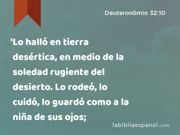 'Lo halló en tierra desértica, en medio de la soledad rugiente del desierto. Lo rodeó, lo cuidó, lo guardó como a la niña de sus ojos; - Deuteronômio 32:10