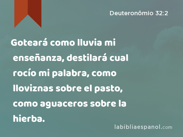 Goteará como lluvia mi enseñanza, destilará cual rocío mi palabra, como lloviznas sobre el pasto, como aguaceros sobre la hierba. - Deuteronômio 32:2