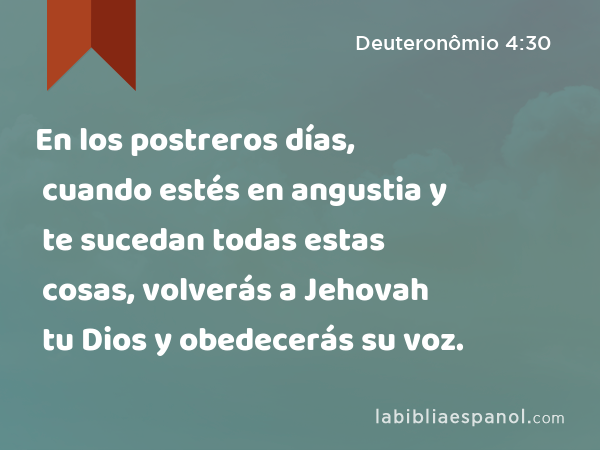 En los postreros días, cuando estés en angustia y te sucedan todas estas cosas, volverás a Jehovah tu Dios y obedecerás su voz. - Deuteronômio 4:30