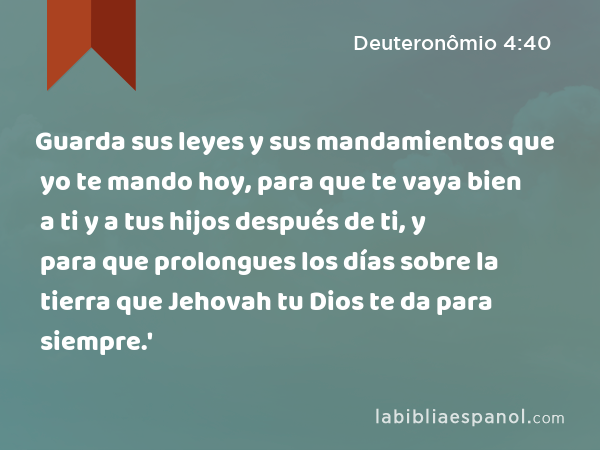 Guarda sus leyes y sus mandamientos que yo te mando hoy, para que te vaya bien a ti y a tus hijos después de ti, y para que prolongues los días sobre la tierra que Jehovah tu Dios te da para siempre.' - Deuteronômio 4:40