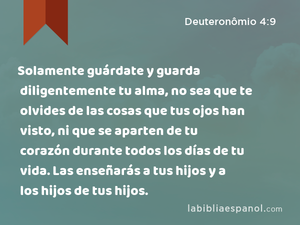 Solamente guárdate y guarda diligentemente tu alma, no sea que te olvides de las cosas que tus ojos han visto, ni que se aparten de tu corazón durante todos los días de tu vida. Las enseñarás a tus hijos y a los hijos de tus hijos. - Deuteronômio 4:9