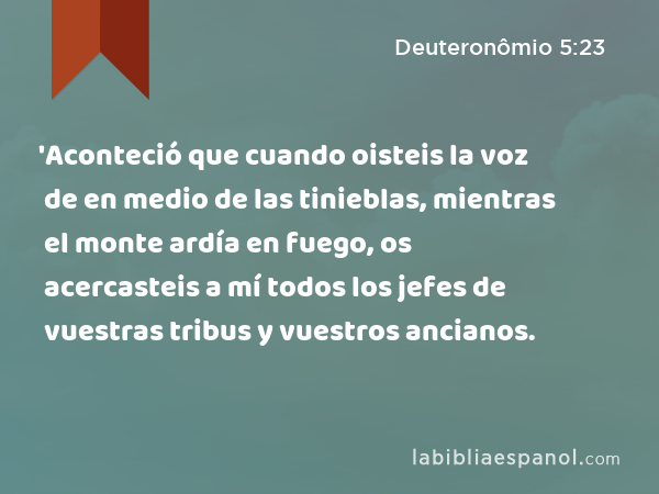 'Aconteció que cuando oisteis la voz de en medio de las tinieblas, mientras el monte ardía en fuego, os acercasteis a mí todos los jefes de vuestras tribus y vuestros ancianos. - Deuteronômio 5:23