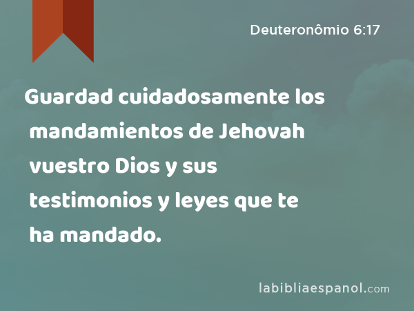 Guardad cuidadosamente los mandamientos de Jehovah vuestro Dios y sus testimonios y leyes que te ha mandado. - Deuteronômio 6:17