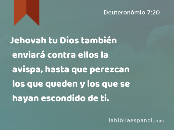 Jehovah tu Dios también enviará contra ellos la avispa, hasta que perezcan los que queden y los que se hayan escondido de ti. - Deuteronômio 7:20